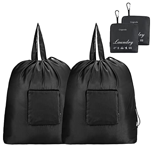 GOGOODA Travel Laundry Bags with Drawstring Closure XL Large Foldable Dirty Clothes bags with Handle Heavy Duty and Washable for College Dorm Travelling Camping, 2 Pack, Black