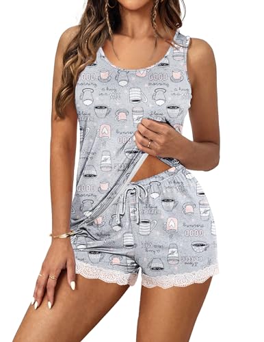 Image of Ekouaer Womens Pajama Sets Sleeveless Tank Top and Shorts Pj Set Lace Hem Sleepwear S-XXXL