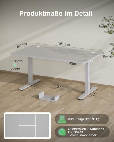 Devoko Höhenverstellbarer Schreibtisch 160x80cm mit Typ-C Ladeanschluss, Schreibtisch Höhenverstellbar Elektrisch… – Ansicht 5