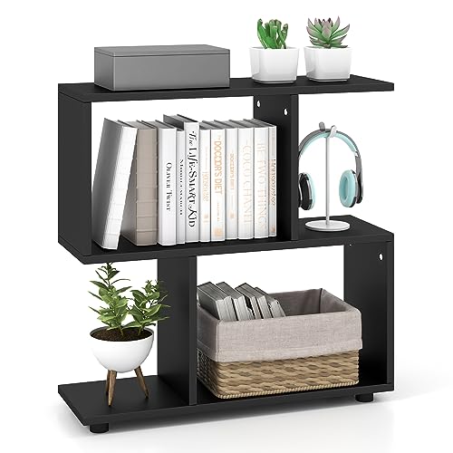 Tangkula 2 Tier Geometric Bookshelf, Freestanding Wood Display Shelf, Home Office Room Divider S Shaped Open Bookcase, Small Bookshelf for Small Spaces, Living Room, Study (Black, 1)