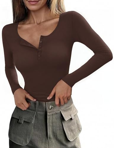 Totatuit Haut femme col boutonné à manches longues en coton stretch coupe slim couleur unie style tendance décontracté pour tous les jours Marron,L