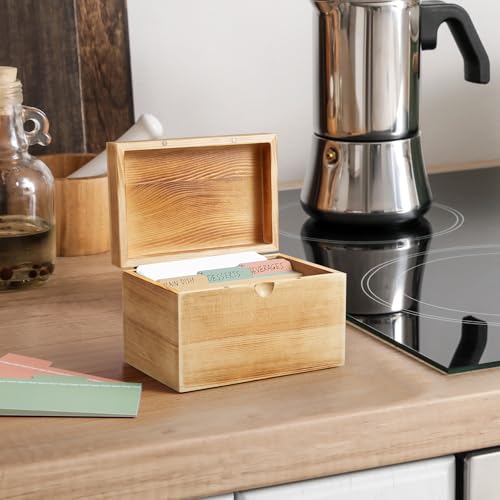 DRASTAR Index Card Holder, 3x5 Index Card Box, Wooden Index Card Organizer with 45 Dividers, Flashcard Notecard Holders for Home Office, Brown