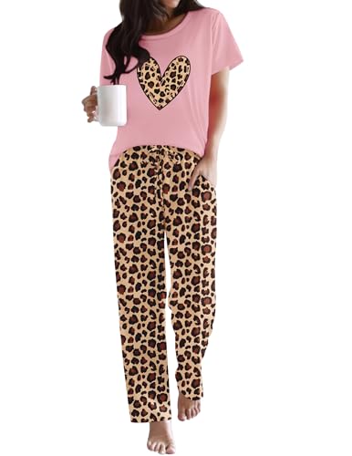 Image of Ekouaer Pajama Sets for Women Round Neck Pjs Short Sleeve Sleepwear with Long Pants Loose Lounge Sets