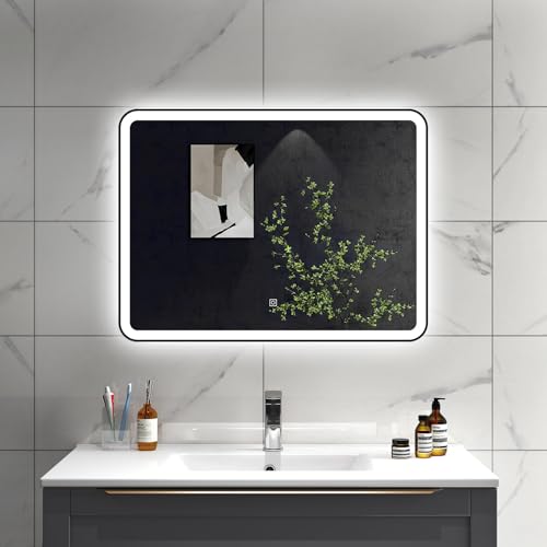 SLINE SANITARY Black Framed LED Bathroom Mirror 90x70cm,Illuminated Bathroom Mirror with Demister Pad,Dimmable 3 colour Lights,Shatter-Proof,Tempered Glass,Touch Control & Memory Function