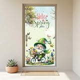 Spring Door Cover Banner Flower Hat Gnome on Bike 35.4x70.9in Polyester Front Door Decorations for Outdoor Porch Patio Garden Home Decor