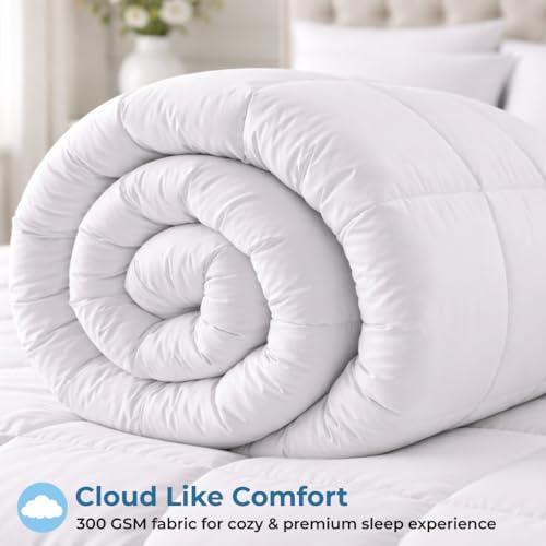 Image of Dreamzee 300 GSM Ultra-Soft Quilted Microfiber AC Comforter Queen Size (White, 90x60 Inches) | Lightweight, Reversible Duvet for Winters | All-Season Blanket for Bedroom