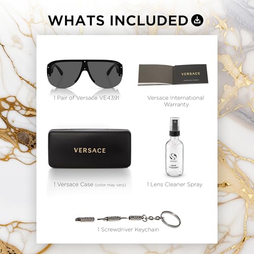 Versace VE4391 48mm Non-Polarized Oval Heart Sunglasses for Men – Black Injected Frame with Black Temples, 100% UV Protection, Lightweight & Comfortable Sunglasses, eShades Eyewear Kit Included3