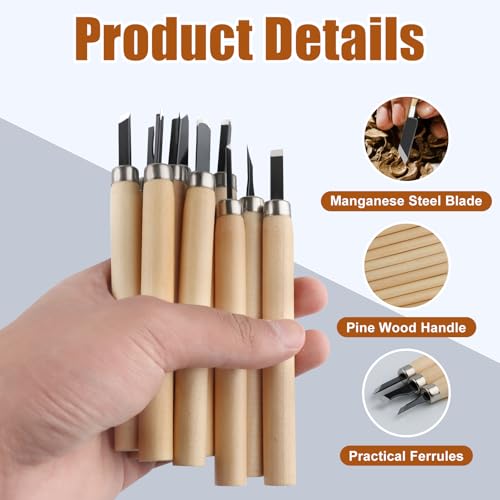 12Stks Manganstahl Holzschnitzmeißel Set, Heimwerker Schnitzer Handmeißel, Professionelle Holzbeitel, Tischler Schnitzwerkzeug mit 2 Schleifsteinen, Graviermeißel für Anfänger Holzschnitzen