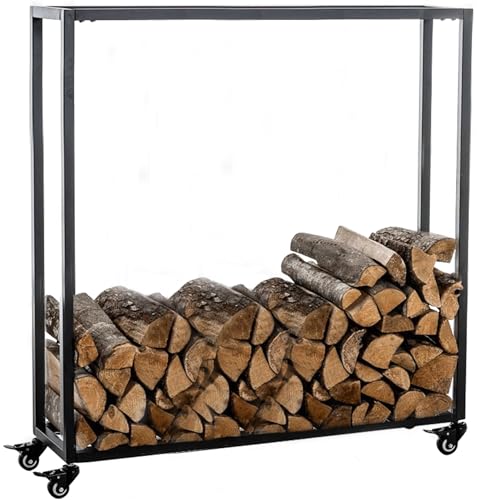 CLP Portalegna per Camino Hetta in Acciaio Inox I Scaffale per Accatastare Legna con Ruote I Supporto Legna da Ardere, Colore:Nero, Dimensione:25x80x100 cm