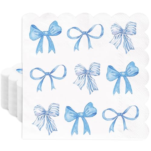 JarThenaAMCS 100Pcs Blue Bow Napkins Bow Knot Disposable Napkins Watercolor Scalloped Edge Paper Luncheon Dinner Napkin for Wedding Birthday Party Table Supplies