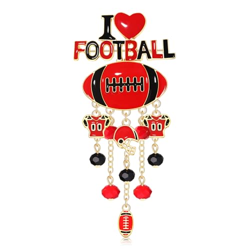 Image of Football Brooch Pin for Women - Enamel Game Day Helmet Charm With Beads Tassel - I Love Football Jewelry for Sports Team Spirit, Tailgate Party Favors (Red)