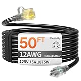 12/3 50 FT Heavy Duty Outdoor Extension Cord Waterproof with Lighted End,Black 12 Gauge Extension Cord Flexible and Cold Resistant 3 Prong Grounded Plug,15Amp 1875W SJTW ETL Listed