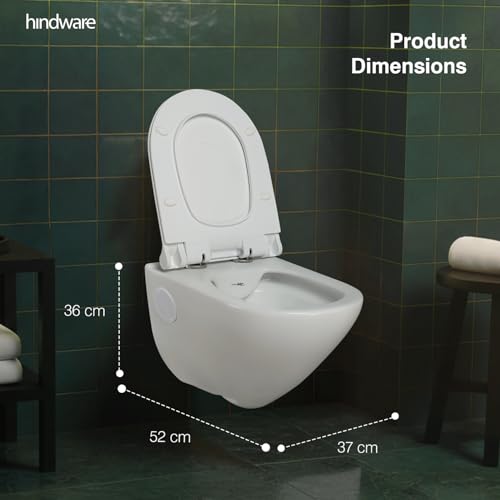 Image of Hindware Italian Collection Elegance Aura Commode for Bathroom | P-225 Trap | Made of Ceramic | 12-year Manufacturer Warranty | Rimless Design | Duroplast /UF Seat Cover | Soft Close | Wall Mount