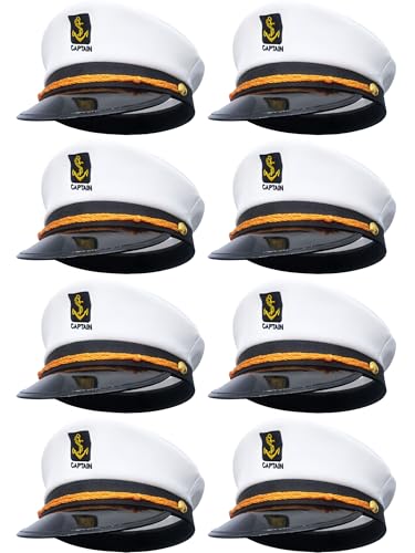SGBETTER 8 Pieces Captain Hats Adjustable White Sailors Navy Marine Admiral Caps for Yacht Theme Party Costume Accessory