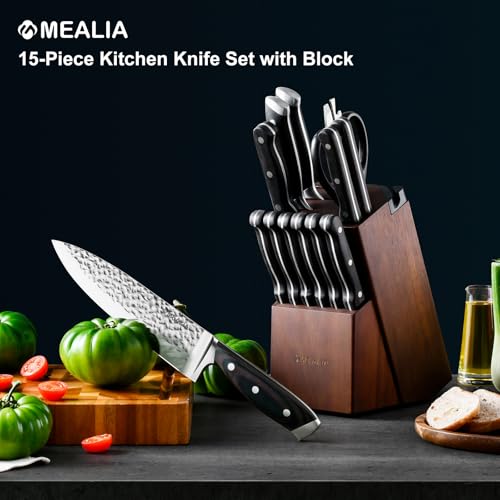 Mealia Kitchen Knife Set with Block, 15-Piece Professional Stainless Steel Sharp Knives Set for Kitchen with Built-in Sharpener, Ergonomic Wooden Handle, Full Tang Forged Triple Rivet, Boxed Knife Set by Mealia - Image 8
