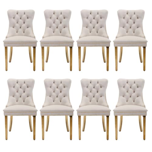 SoarTalent Velvet Upholstered Dining Chairs Set of 8, Modern Style Kitchen Side Chairs with Nailhead Trim and Gold Plated Leg, Metal Pulling Ring for Dining Room Living Room(Beige)