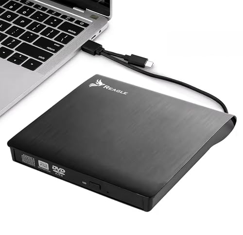 Reagle Unidad externa de CD/DVD USB-C y USB-A 2 en 1 grabadora y lector externo para ordenador portátil Windows Linux Plug & Play USB 3.2 Gen 1 5 Gbps Slim Design Negro