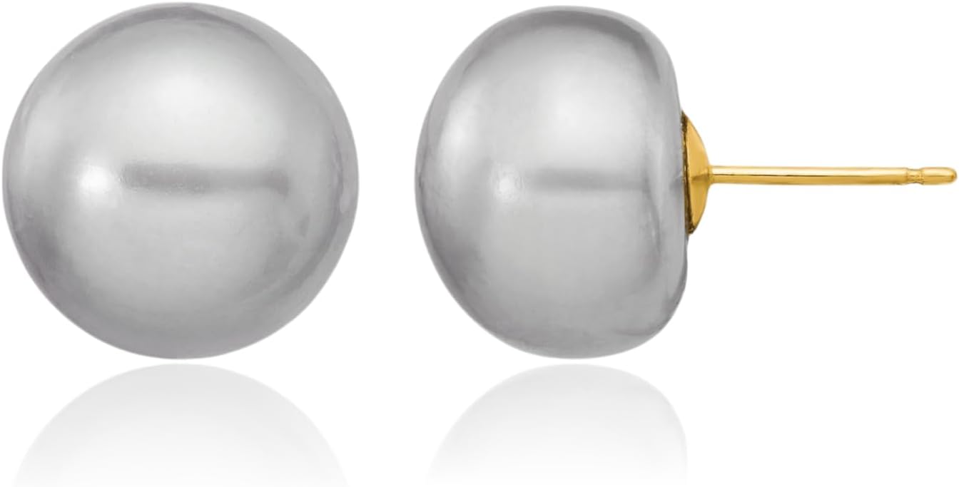 IceCarats 14K Solid Yellow Gold 12mm Freshwater Grey Pearl Extra Large Button Stud Earrings Prong Set, Butterfly Back For Her
