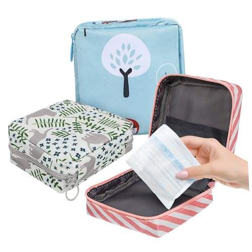 SEWOART 3pcs Sanitary Napkin Storage Bag Set Zippered Period Pouch for Purse Includes Striped Leaf Cat and Designs Ideal for Feminine Products Organization