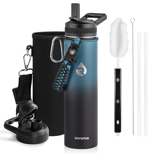 Image of RAYMYLO Insulated Water Bottle 24 oz, Triple Wall Vacuum Stainless Steel (Cold for 24Hrs, Hot for 12Hrs), Leak Proof & Non-BPA, Modern Water Flask Jug with Paracord Handle & Straw Spout Lids