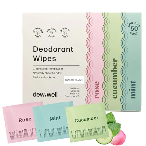 Dew Well Deodorant Wipes - On-the-Go Travel Deodorant - Fresh Mint, Rose & Cucumber Scents Body Wipes for Women - Aluminum, Paraben & Sulfate Free Mini Toiletries - 50 Count, Mint/Rose/Cucumber