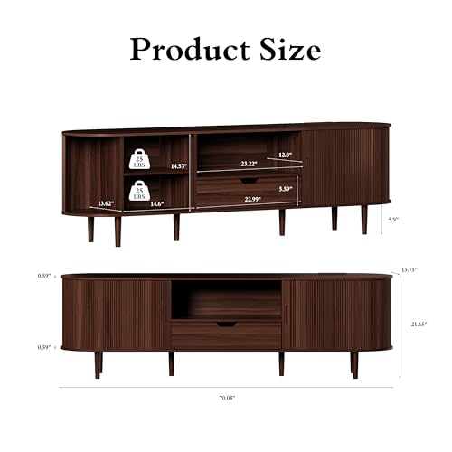 Image of DHH 71 inch Fluted TV Stand with Power Outlet for TVs up to 80 inch, TV Console with Adjustable Shelves and Sliding Door,Mid Century Modern Entertainment Center for Living Room,Bedroom (Walnut)