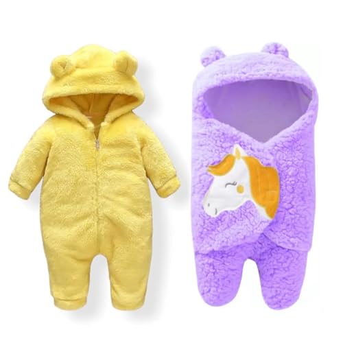 Image of Baby Bear Hooded Fleece Romper and Swaddle Wrap Set, Plush Teddy Design, Brown (2, Yellow&Purple, Baby)