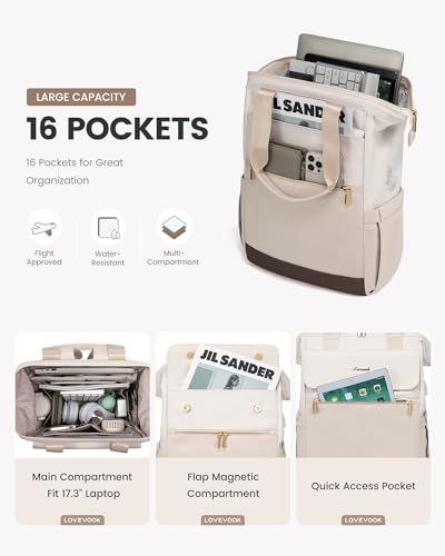 Image of LOVEVOOK 17.3 Inch Laptop Backpack for Women, Large Capacity Travel Backpack with Organizer Bag, Waterproof Carry on Backpack Purse Work Bag with USB Port for Teacher Nurse, Beige-Nude