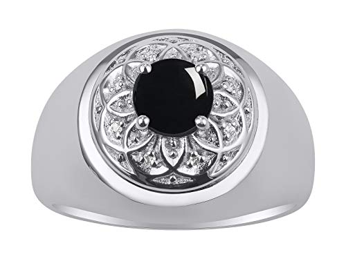 Image of Rylos Men's Designer Gypsy Ring with 7MM Round Gemstone & Diamond - Birthstone Rings in Sizes 8-13 in Sterling Silver
