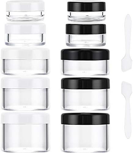 eBoot 10 Pieces Empty Clear Plastic Sample Containers 3/5/ 10/15/ 20 Gram Size Round Cosmetic Pot Jars with Screw Cap Lids and 2 Pieces Mini Spatula (Black and White)