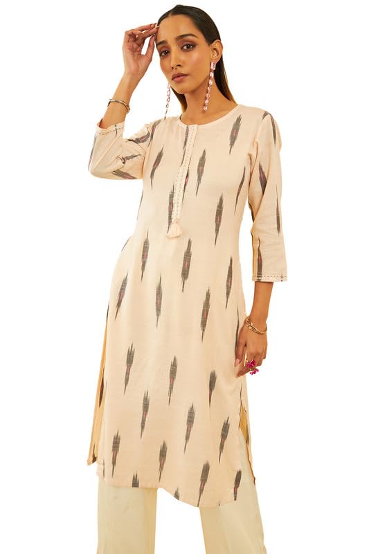 Image of Soch Womens Cotton Ikat Printed Straight Kurta with Sequins