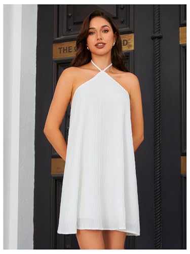 Image of OYOANGLE Women's Summer Beach Dresses Sleeveless Halter Tie Back Solid Backless Flared Short Dress