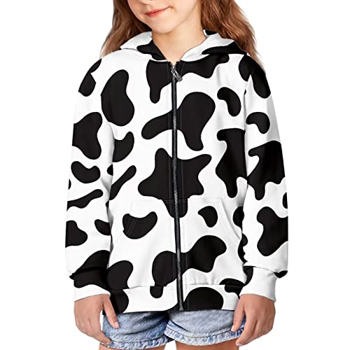 Disnimo Cow Print Hoodies For Girls Size 8-10 Zip Up Hooded Kids Fashion Sweatshirts Lightweight Jacket With Pocket Teen Girls Trendy Clothes Fall Outfits Long Sleeve Casual Outerwear Top #TOP7