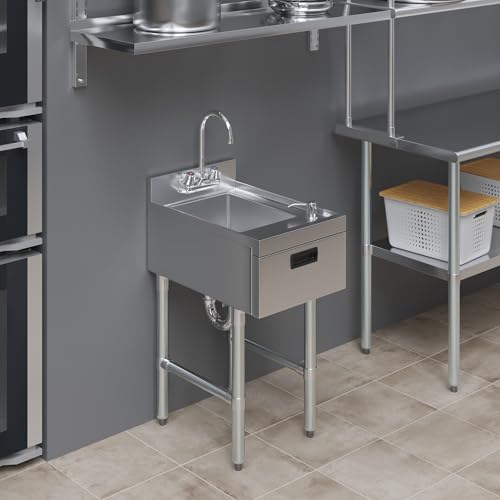 Image of 22.5 in. x 15 in. Stainless Steel Underbar Hand Sink with Soap and Towel Dispensers, 14 in. x 10 in. Bowl, Faucet, and Drain Basket