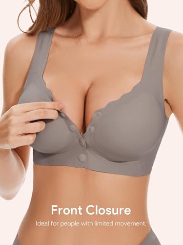 HBselect BH Damen ohne Bügel Vorderverschluss BHS Starker Halt Bügellos Komfort BH Nahtlose Bralettes Seamless für ältere Frauen Postoperativer Grau L