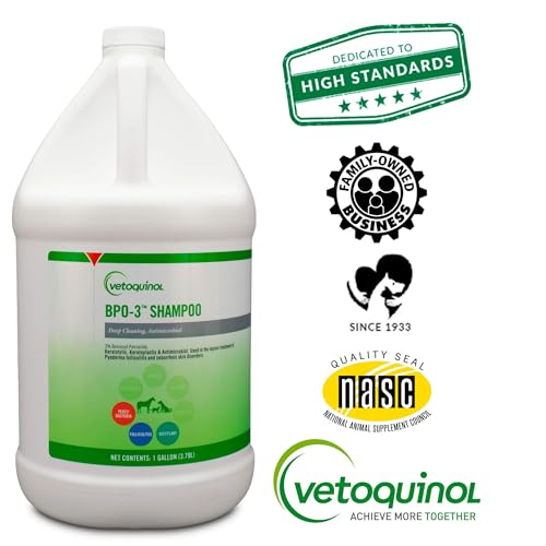 Vetoquinol BPO-3 Shampoo for Dogs, Cats & Horses (3% Benzoyl Peroxide) &ndash; 128oz &ndash; Deep Cleaning, Medicated Shampoo Opens & Flushes Hair Follicles &ndash; Degreases Oily Coats &ndash; Soothes Red, Flaky, Itchy Skin