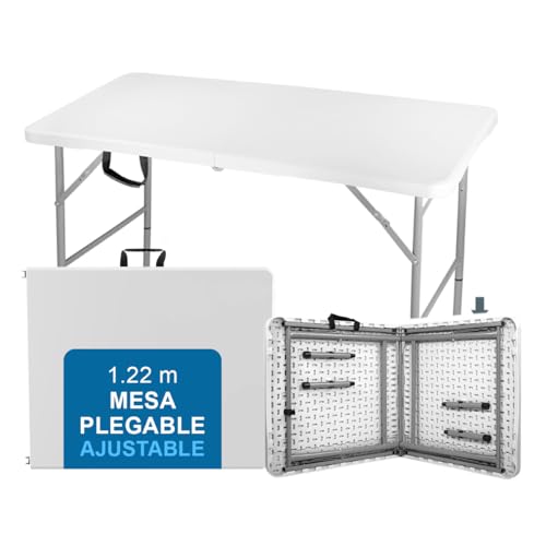 KICMX Mesa Plegable de plastico, Mesa portatil Tipo Portafolio, Mesa Plegable 1.22 Metros de Largo, para Eventos, Mesa para Jardin Exterior, con Agarradera y Hebilla de Seguridad,...