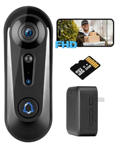 Wireless Video Doorbell with Indoor Ring Chime, Security Doorbell Camera, Free Cloud Storage, 32 GB SD Card, No Monthly Fee, Smart Motion Sensor, 2 Way Audio, IP66 Waterproof, Night Vision