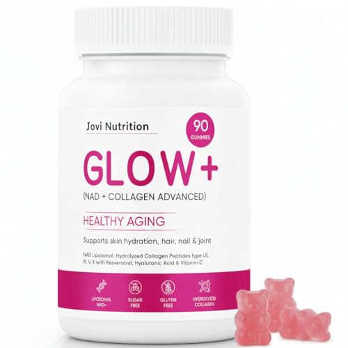 JOVI NUTRITION Jovi Glow+ NAD+ & Collagen Gummies, Multi-Type Hydrolyzed Collagen Peptides, Resveratrol, Hyaluronicacid, Vitaminc, Supplement for Skin, Hair, Nails, 90 Count (1, A)