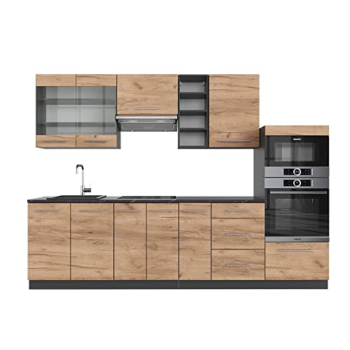 Vicco Küchenzeile Fame-Line, Goldkraft Eiche/Anthrazit, 280 cm, AP Anthrazit, geeignet für Flexible Küchenplanung und modulare Erweiterung
