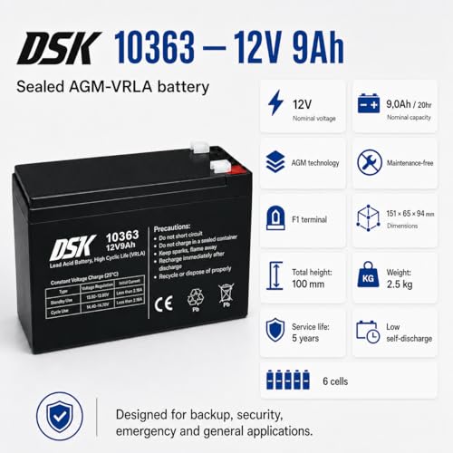 DSK AGM-Batterie 12V 9.0Ah – Wartungsfrei, wiederaufladbar – Universaladapter F1/F2 – Für USV/UPS, Alarmanlagen, Kinderfahrzeuge
