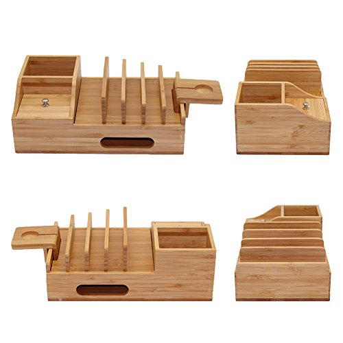 Pezin & Hulin Bamboo Charging Station, Multiple Devices Organizer for Phones,Tablet, Office Desktop Wooden Docking Stations (Include 5 x Charger Cable), Storage Box Stand for Pen, Key, Remote