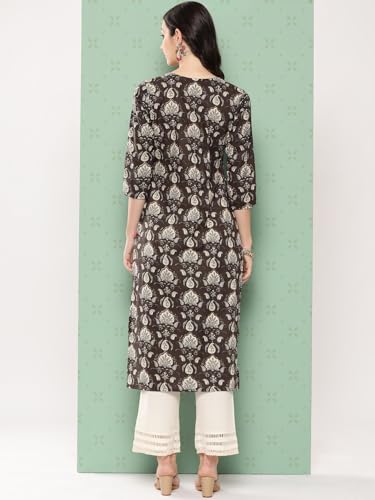 Image of Varanga Women Grey Floral Printed Straight Kurta with Three Quarter Sleeves