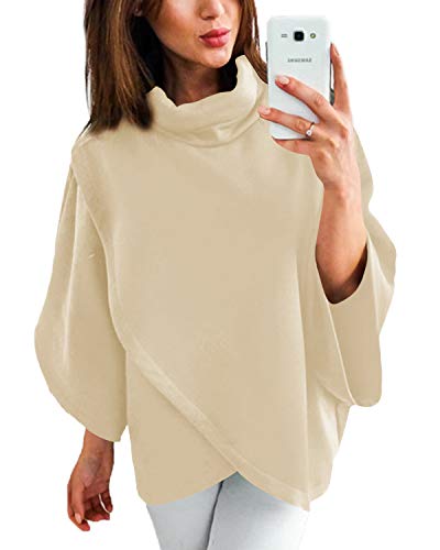 YOINS Outwear Capes Turtleneck Poncho for Women Chimney Collar Flared 3/4 Sleeves Irregular Hem Pullover Sweaters Beige Large