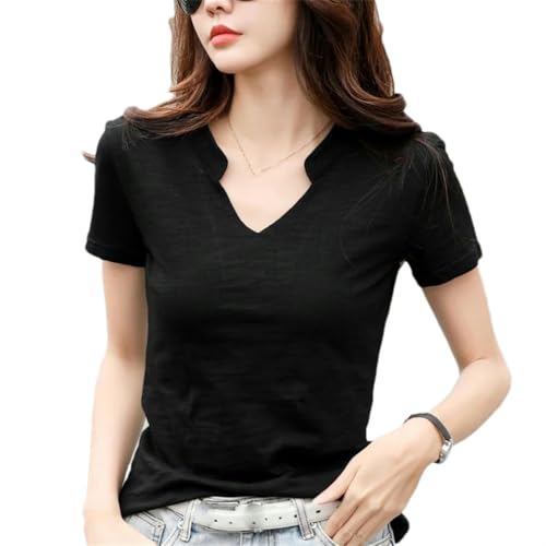 T-shirt en coton pour femme col en V en maille douce, haut d'été respirant de couleur unie