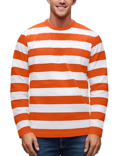 Zengjo Mens Striped Shirt - Casual Long Sleeve Stripe Tee (Orange/Off White,XS)