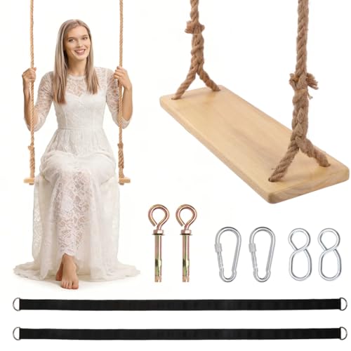 Solid Wood Tree Swing - 500 lbs Capacity Heavy Duty Adult-Sized Swing Seat with 118" Adjustable Hemp Rope & Complete Hanging Kit for Porch, Garden, Backyard & Studio