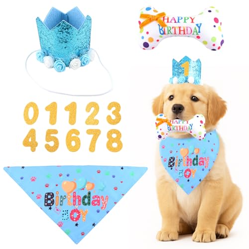 shallyong Set Compleanno Cane, 4 Pezzi Decorazioni Festa di Cappellino per Cani con Cappello, Bandana, Giocattolo a Forma di Osso & Numeri, Regalo Cane Compleanno per Cani Maschi e Femmine (Blu)
