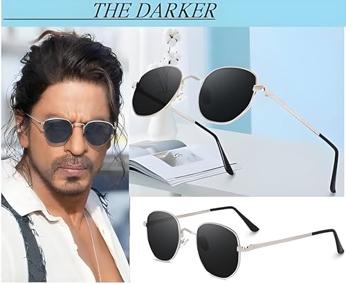 Image of Hexagon Silver Metal frame, sleek black lenses, Unisex Modern look Sunglasses SRK Choice, UV protection, perfect for Both Men's and Women's.