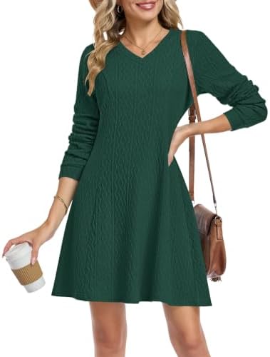PLMOKEN Damen Strickkleid Langarm V-Ausschnitt Herbst Winter | Warm & bequemer Strukturstoff,Tailliertes Pulloverkleid,A-Linie,Enge Manschetten,Alltag & Büro & Freizeit,Vielseitig